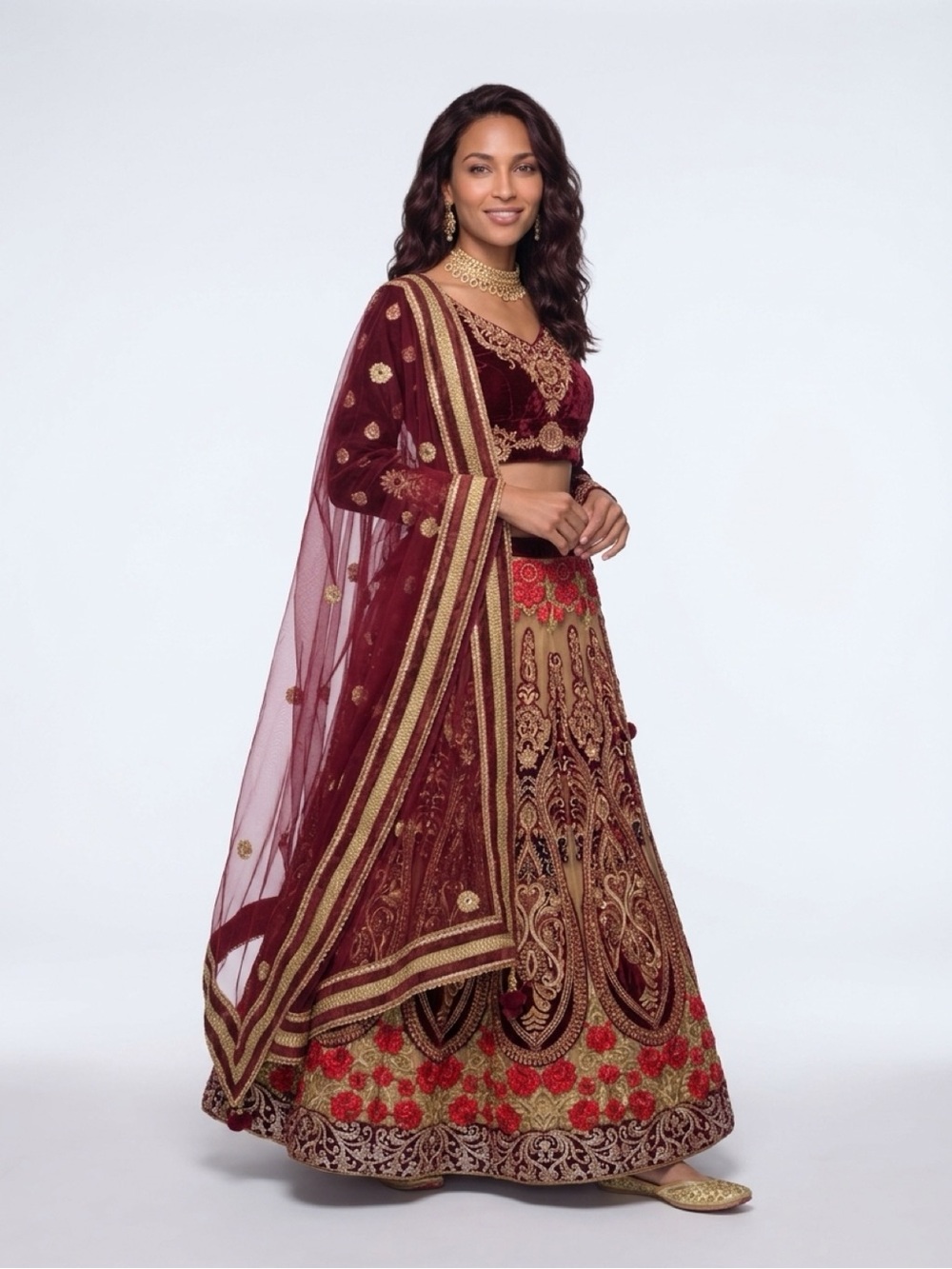 Embroidered Maroon and Gold Women's Lehenga Set